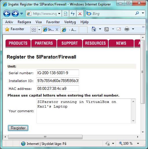 3.8 Register the SIParator /Firewall at the Ingate Web On the Account Home Page (http://www.ingate.com/show-account.