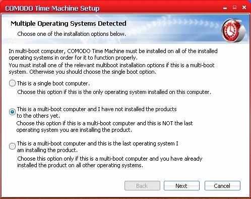 Important. Comodo Time Machine must be installed on all bootable partitions that have an operating system. It is vital that users boot into each OS and install CTM on each.
