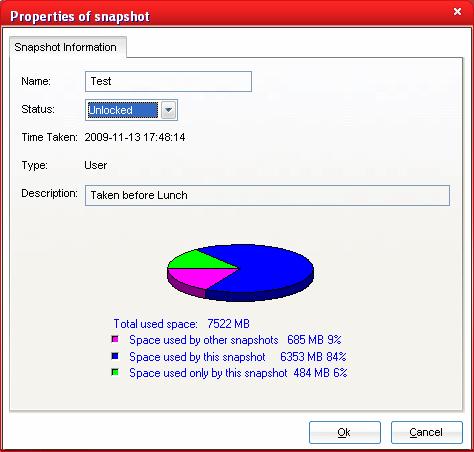 dialog displays the information on the snapshot, a pie diagram indicating the breakdown of the space occupied by other snapshots and this snapshot in your hard drive and also allows you to switch the