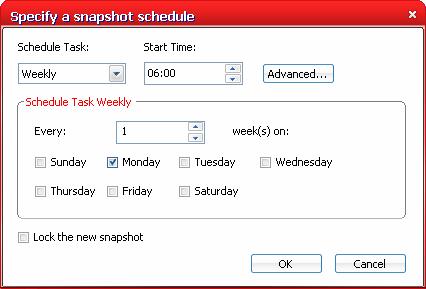 Enter the time at which you want the weekly snapshots to be taken on the specified day of the week in the 'Start time' drop-down combo box.