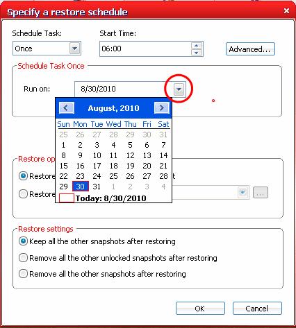 Clicking 'Advanced...' will open the Advanced Schedule Options dialog. See the section Advanced Schedule Options for more details.