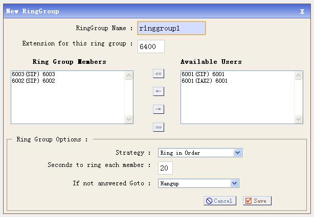 Set the ring group name and extension for the ring group, select ring group members from available users.
