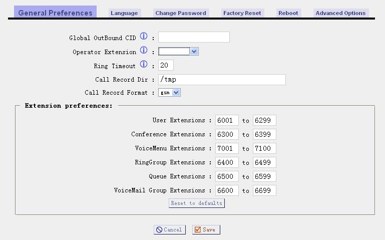 General Preferences: you can set up a user to be the operator and the range of extension number for different types