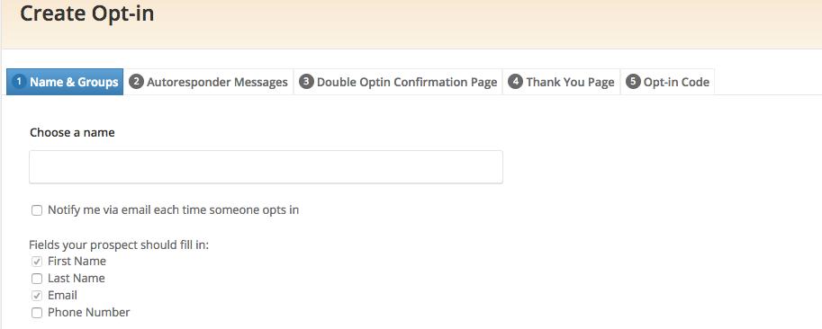 3 Create Your Opt-In Form & Autoresponders Click on WEBSITE CUSTOM OPT-IN FORMS CREATE OPT- IN button.