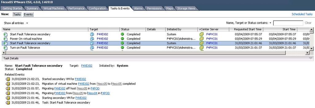 example) The ESX task events for enabling FT on EX2 Mailbox Server are as follows: Turn on FT task