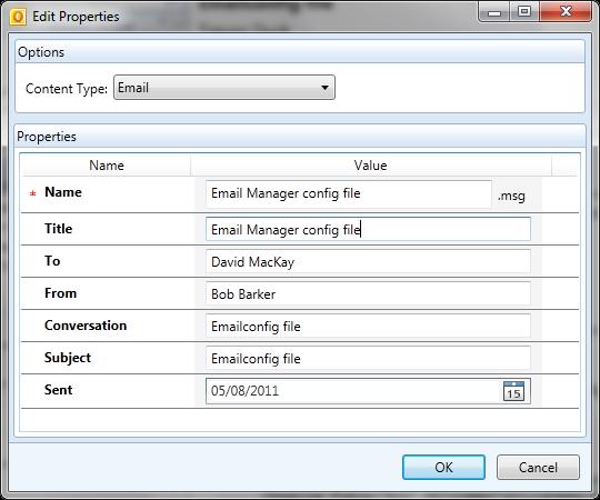 into a Favorite or Folder location (see the Colligo Email Manager User Guide), and check that the correct metadata is being displayed and extracted in the Edit Properties dialog: Changing Column