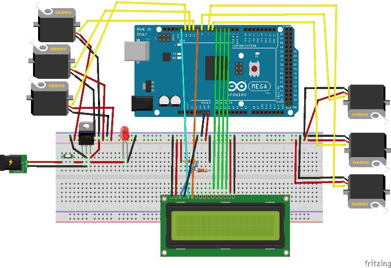 Figure 31: Electronics Component Layout Table 8: Electronics Component BOM Part Name Amount Properties Servo Motor 6 (+1) Analog 180 deg LCD screen 1 type Character; pins 16 Red LED 1 5 mm [THT]