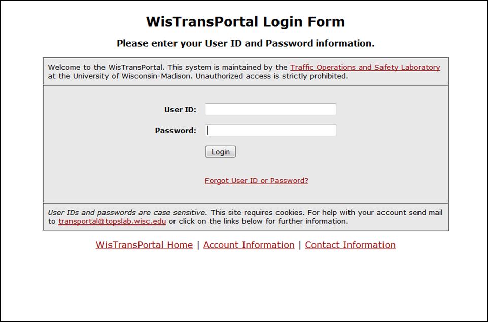 5. WisTMP Login/Logout 5.1 Login. To enter the WisTMP system http://transportal.cee.wisc.edu/tmp/, first login to the WisTransPortal system.