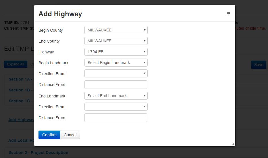 Continue to section 1C and complete the location section. Select the Add Highway or Add Local Road button which will bring up a pop-up window. In the Highway section select the project highway.