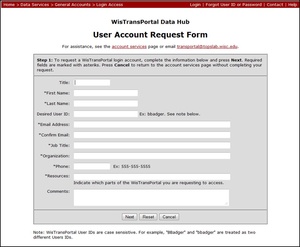 Opening the New User Account Request Form link brings up the following page.