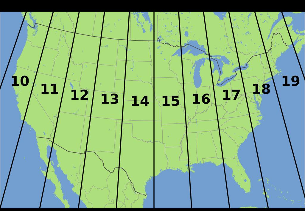 Figure 16. UTM zones for the continental US (Wikipedia). You will note that although the new dataset has a different projection, nothing appears to have changed in the data frame.