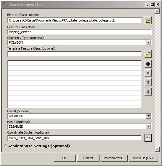 Figure 20. Create Feature Class dialog box. Next, go to the Editor Toolbar and select Start Editing under the Editor menu (Figure 21). Figure 21.