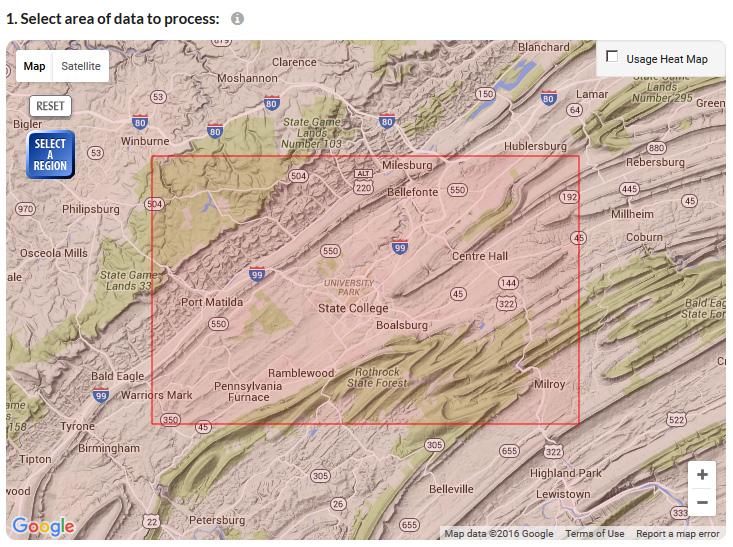 Figure 3. Selecting the spatial extent over which to download elevation data. Once you have selected a region, you can choose which format you would like your data to be in.