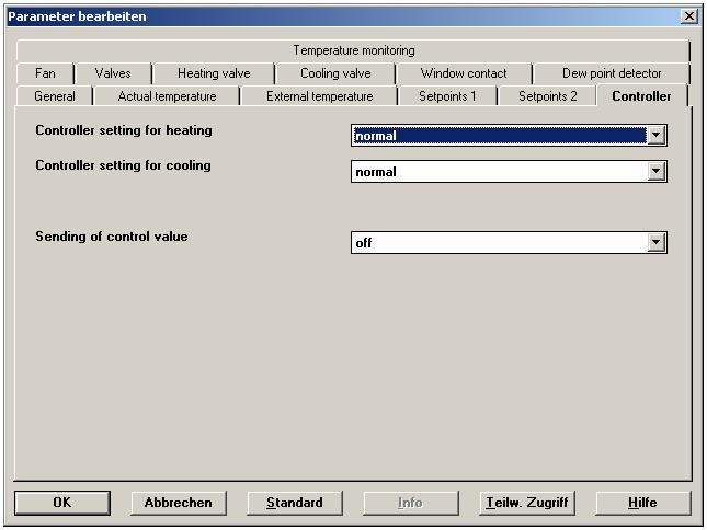 If one of the parameters is set to user-defined, controller setting for heating or Controller setting for cooling, further parameters become visible.