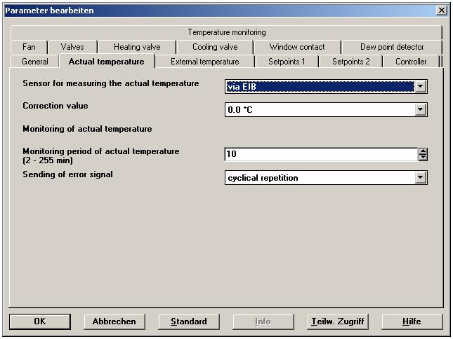 Parameter settings in the ETS For receiving the actual temperature from EIB: For receiving the state of a