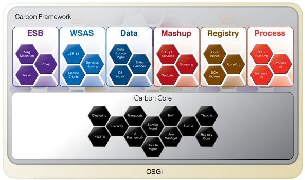 4 WSO2 Carbon 42 The core consists of a set of common middleware components that are useful in any enterprise project, while additional components can be added to solve a specific enterprise scenario.