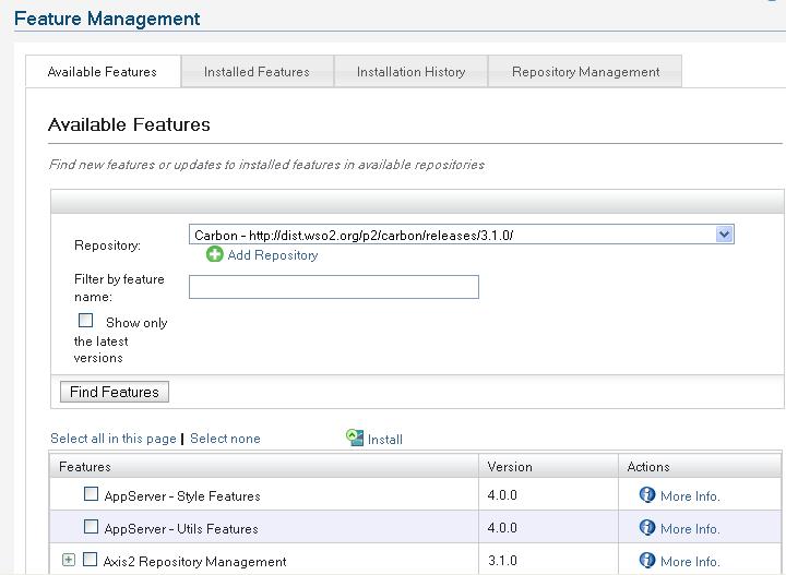 4 WSO2 Carbon 45 Figure 15 Managing features in WSO2 Carbon Carbon differentiates between repositories, features and components.