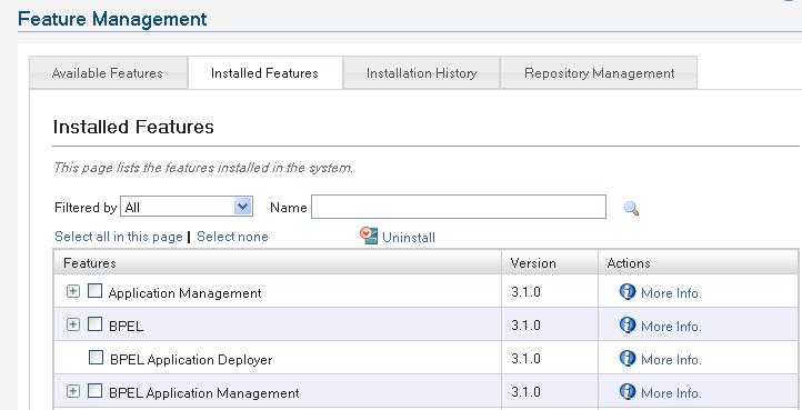 4 WSO2 Carbon 46 Figure 16 Managing installed features in WSO2 Carbon The last two sections of the feature management console are the Installation History and the Repository Management.