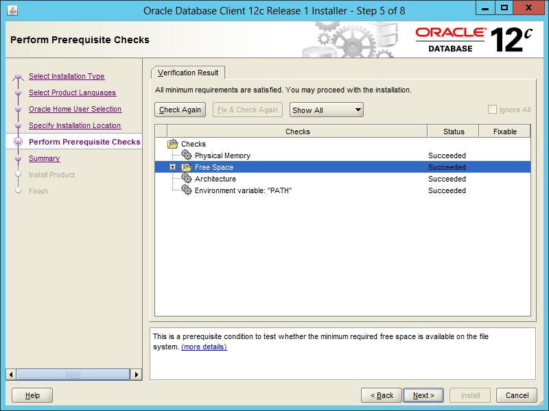 Figure 71 Oracle Client installer Perform Prerequisite Checks screen 7 When the Summary screen is displayed, click Install.