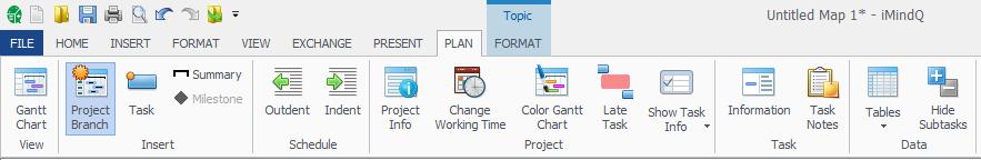 Create a Mind Map Plan ribbon The Plan ribbon in imindq allows you to easily access the Gantt Chart view, as well as add different elements of a plan in the map (summary task, task, subtask,