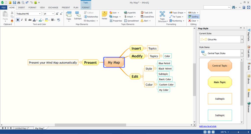 Create a Mind Map Figure 63. imindq map with implemented Map style Tips: The same effect will be achieved if you use the same action located in the Format ribbon Edit Map Style Map style or.