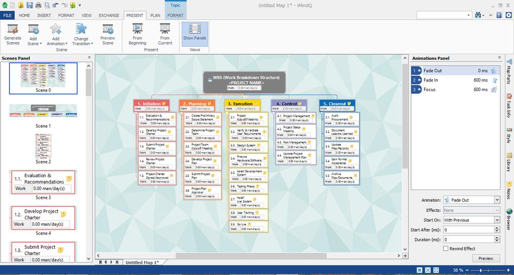 Present your maps and diagrams The automatically generated scenes for your mind map, organic mind map, organizational chart or WBS will be inserted in the Scenes Panel on the left side.