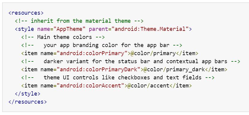 How to apply material design to my app? Specify a style that inherits from android:theme.