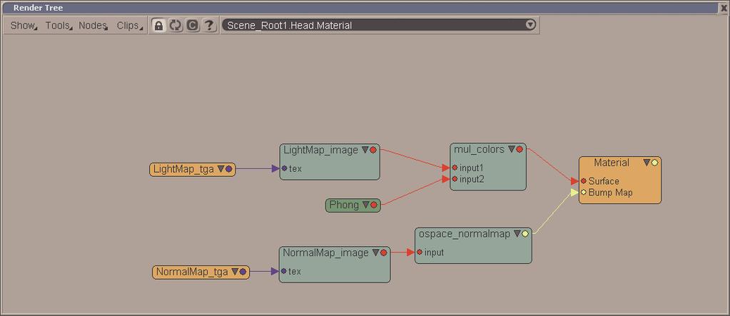 Figure 21: An example shader graph in Softimage XSI environment has specific type, likewise shader outputs a value of specific type. Only shaders with compatible types can be connected together.