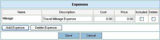 In the Expense screen, you are able to add all of the expense information. You can edit the Description field, enter a cost and enter a price.
