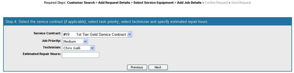 The Job Details window is used to identify if the equipment is covered by a Service Contract, and what the Job Priority.