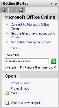 PAGE 10 - PROJECT 2003 - FOUNDATION LEVEL MANUAL Using the Getting Started Pane The Getting Started pane is a new feature in Project 2003.