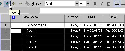 This will create a new task row. Enter the name of the summary task. Accept the new task name by clicking on the check mark in the entry bar, or by moving to another cell.