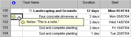PAGE 39 - PROJECT 2003 - FOUNDATION LEVEL MANUAL Hover your mouse pointer over the note symbol to read the note: Assigning Milestones Assigning Milestones Milestones are used to mark