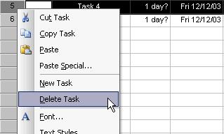PAGE 43 - PROJECT 2003 - FOUNDATION LEVEL MANUAL Deleting Tasks Deleting Tasks Occasionally you will need to delete tasks either because they were entered in error or
