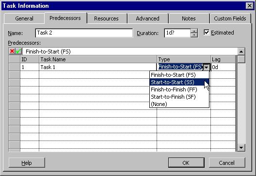 PAGE 48 - PROJECT 2003 - FOUNDATION LEVEL MANUAL Choose the Start-to-Start dependency from the drop-down menu of the Type column: Click OK OR in the