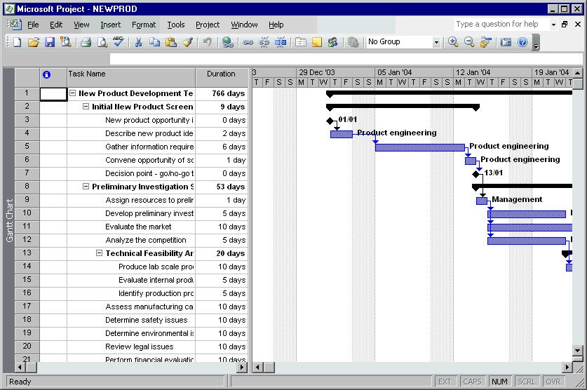 PAGE 67 - PROJECT 2003 - FOUNDATION LEVEL MANUAL The Gantt Chart View is the default view in Project. It consists of the Gantt table (on the left) and the Gantt Chart (on the right).