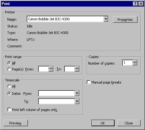 PAGE 80 - PROJECT 2003 - FOUNDATION LEVEL MANUAL Using the Print Dialog Box To print, click on Print icon on the Standard toolbar OR from the main menu, choose File > Print OR press the Ctrl + P key