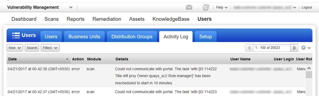 Qualys Activity Log The Qualys Activity Log shows details about user activities including
