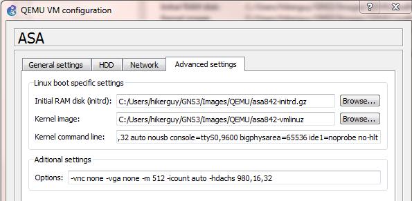 I had to go back into the ASA settings in GNS3 (Edit Preferences QEMU QEMU VMs), click Edit, click on the Advanced settings tab and change the Additional Settings Options to the following string.