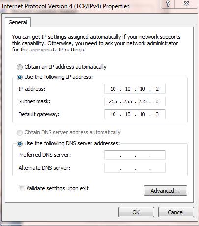 13.Enter the following info int the Properties box, then click OK to back out to the Network Sharing window (note: The 10.