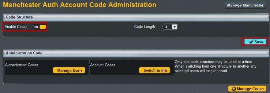 Switch the "Enable Codes" button to "Off" and click "Save".