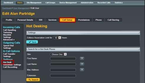 Click on "Call Setup" and then under the "Settings" table, select "Hot Desk".