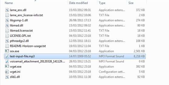 Copy the sound file that you wish to use (either mp3 or wav) into the SoX directory that has been created when you've unzipped the file. See the screenshot for an example.