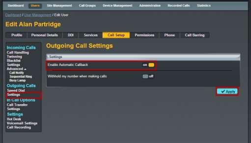 Automatic Call-back" to On or Off, and then click "Apply".
