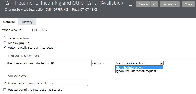 Starting interaction processing automatically ("auto-accept") If you use Pega Call with Pega Customer Service, you can configure the call treatment rule to initiate Pega Customer Service interaction