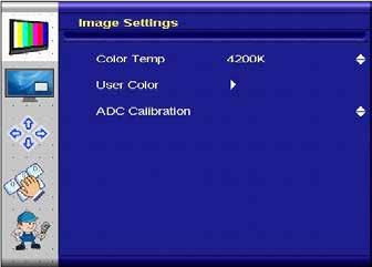 POS-Line Video PIII Advanced Color Sub Menu Color Temp: User Color: ADC: Allow selection of different color temperature schemes.
