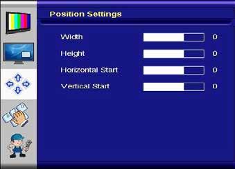 POS-Line Video PIII Position Settings Menu (for DVI, S-Video and Component Video Signals) Width: Height: Horizontal Start: Vertical Start: Adjusts total width of the image by stretching or shrinking.