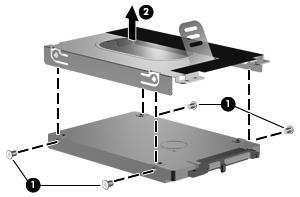 7. Lift the bracket (2) straight up to remove it from the hard drive.