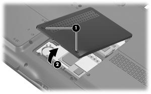 3. Lift the front of the cover (2), swing it toward the back of the computer, then remove the cover.