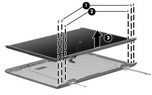 If it is necessary to replace the display panel, remove the four Phillips PM2.5 8.0 screws (1) and the two Phillips PM2.5 6.0 screws (2) that secure the display panel to the display enclosure. 13.